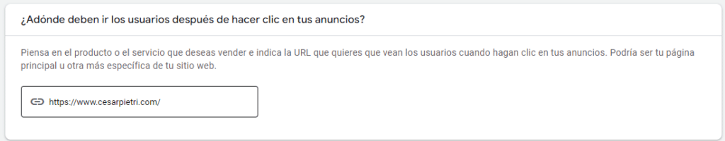 Adónde deben ir los usuarios después de hacer clic en tus anuncios - performance max campaigns